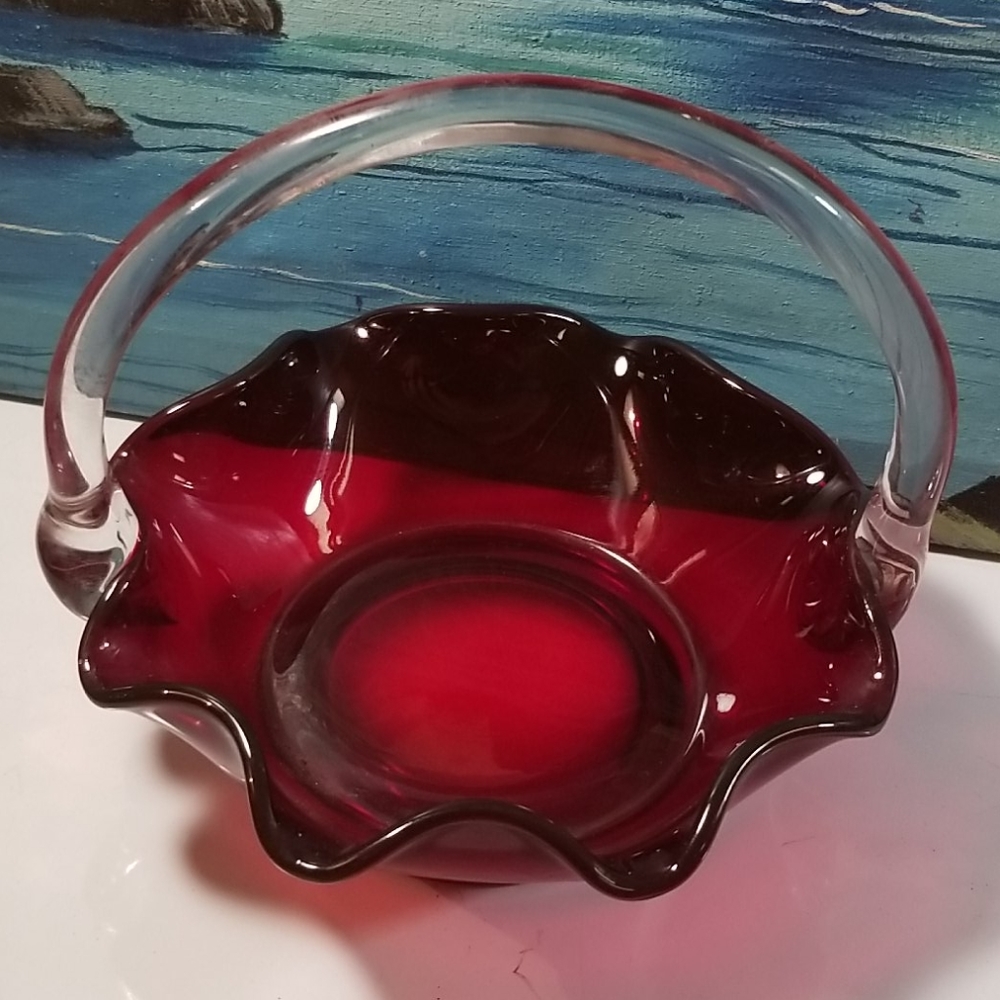 Vintage Ruby Red and crystal Glass Basket w/handl - Picture 5 of 8